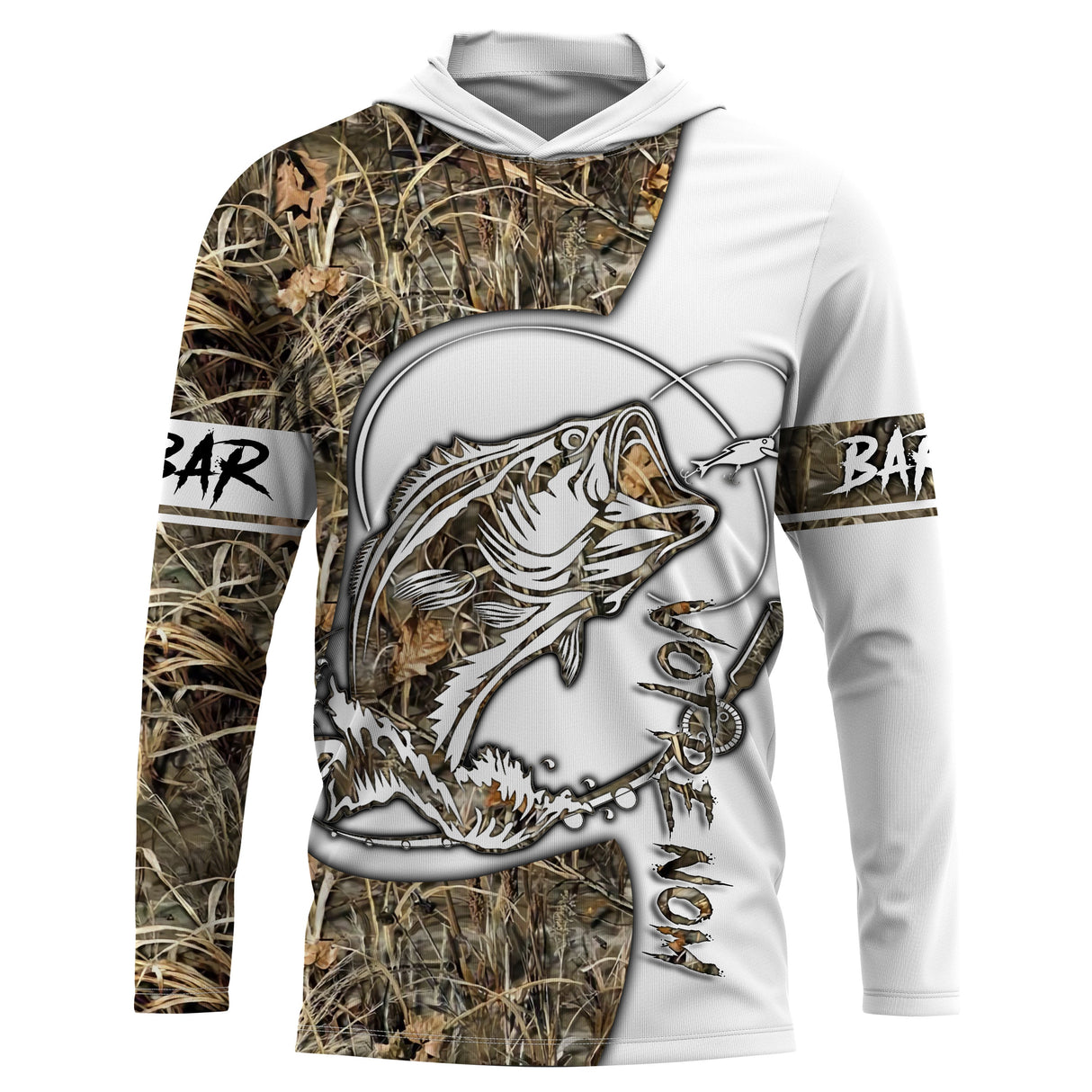 Sweat UV à capuche pêche bar leurre tatouage encré bicolore blanc camouflage roseau prénom personnalisé, vue de face