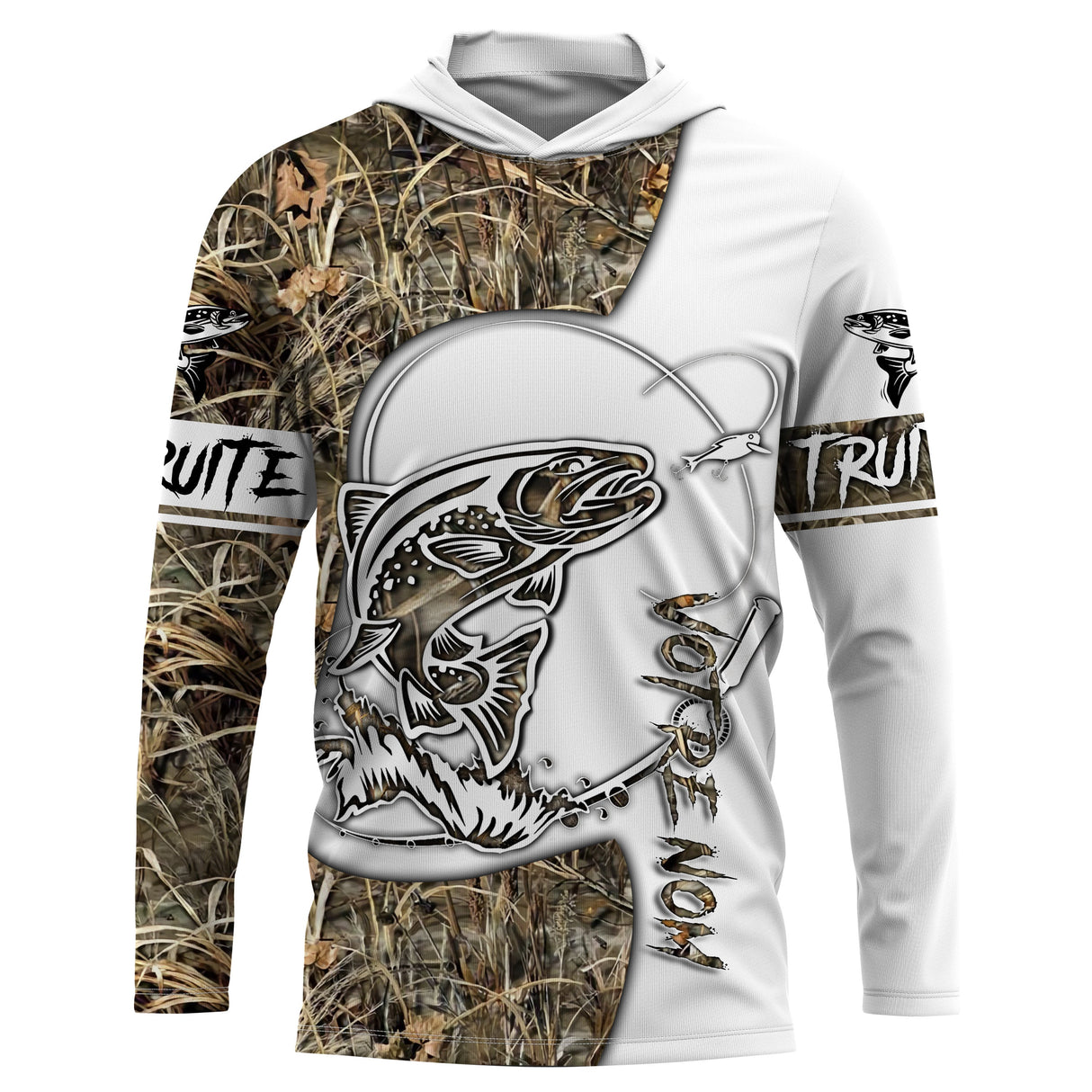 Sweat UV à capuche pêche truite au leurre tatouage encré bicolore blanc camouflage roseau prénom personnalisé, vue de face