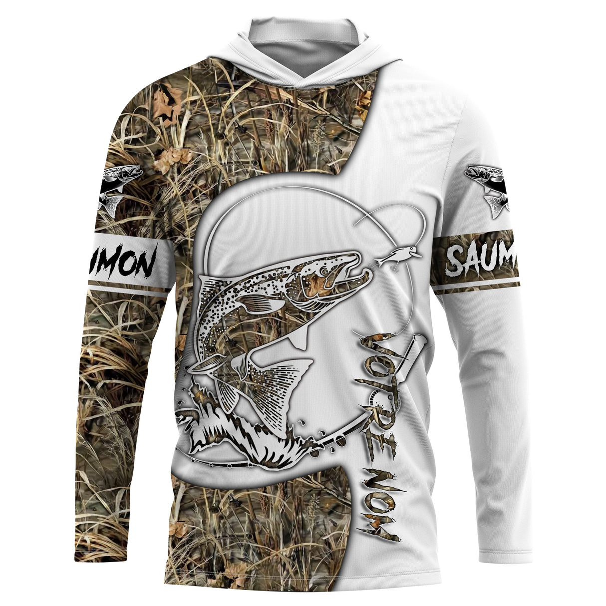 Sweat UV à capuche pêche saumon à la mouche tatouage encré bicolore blanc camouflage roseau prénom personnalisé, vue de face