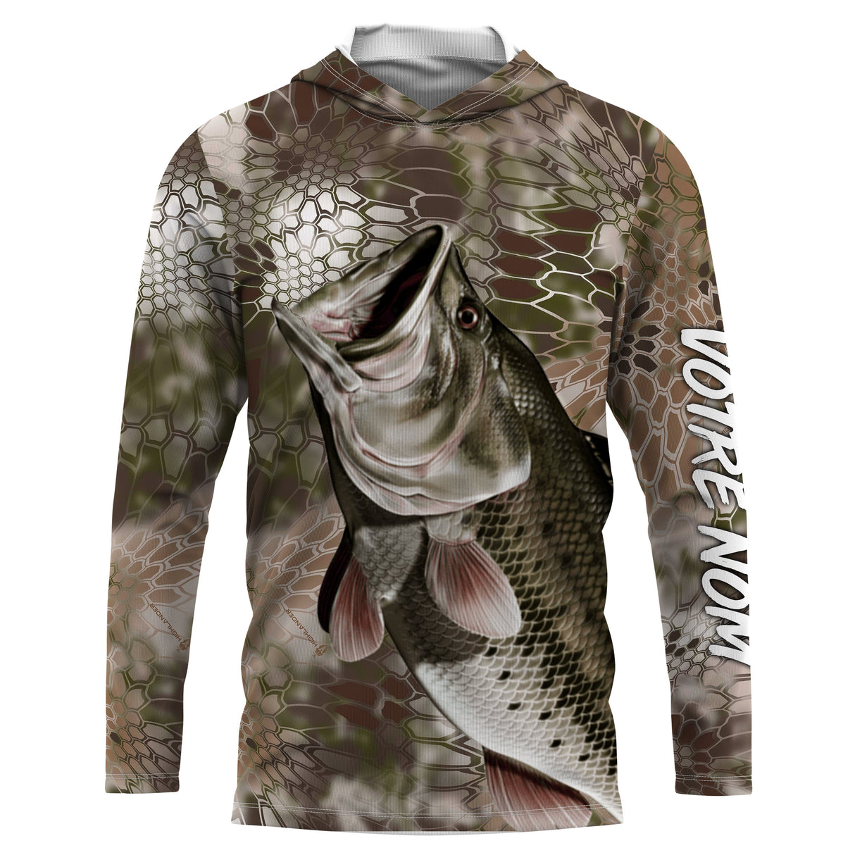 Sweat UV à capuche pêche bar camouflage écailles complet motif all-over prénom personnalisé, vue de face