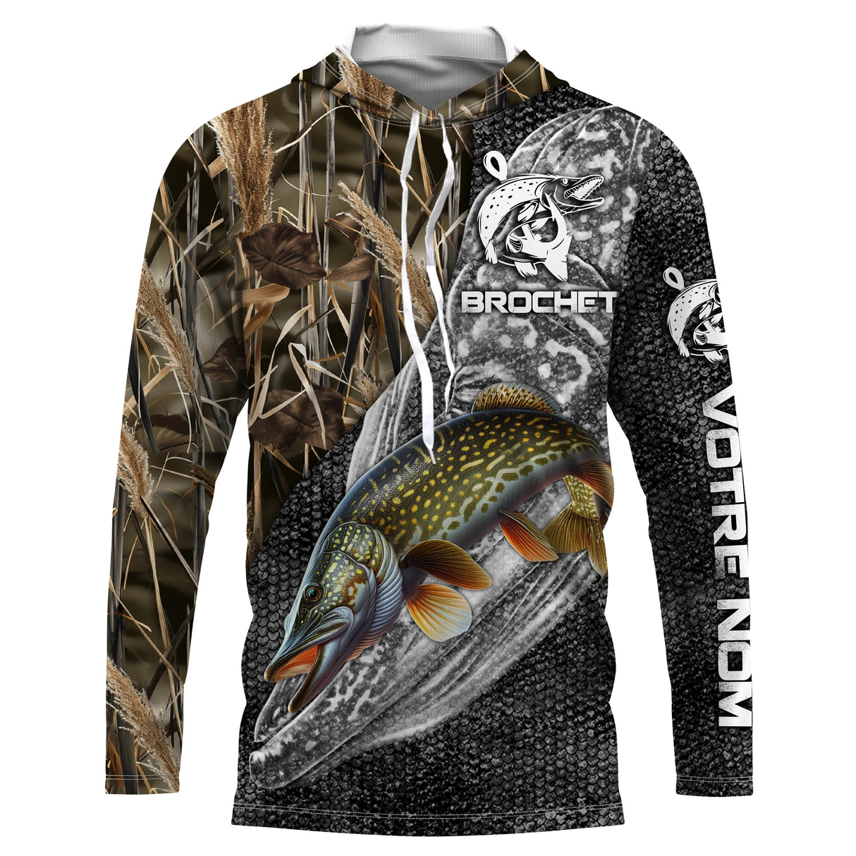 Sweat UV à capuche pêche brochet noir camouflage écailles tatouage encré prénom personnalisé, vue de face