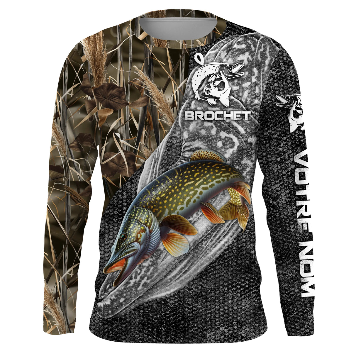 Maillot UV manches longues pêche brochet noir camouflage écailles tatouage prénom personnalisé