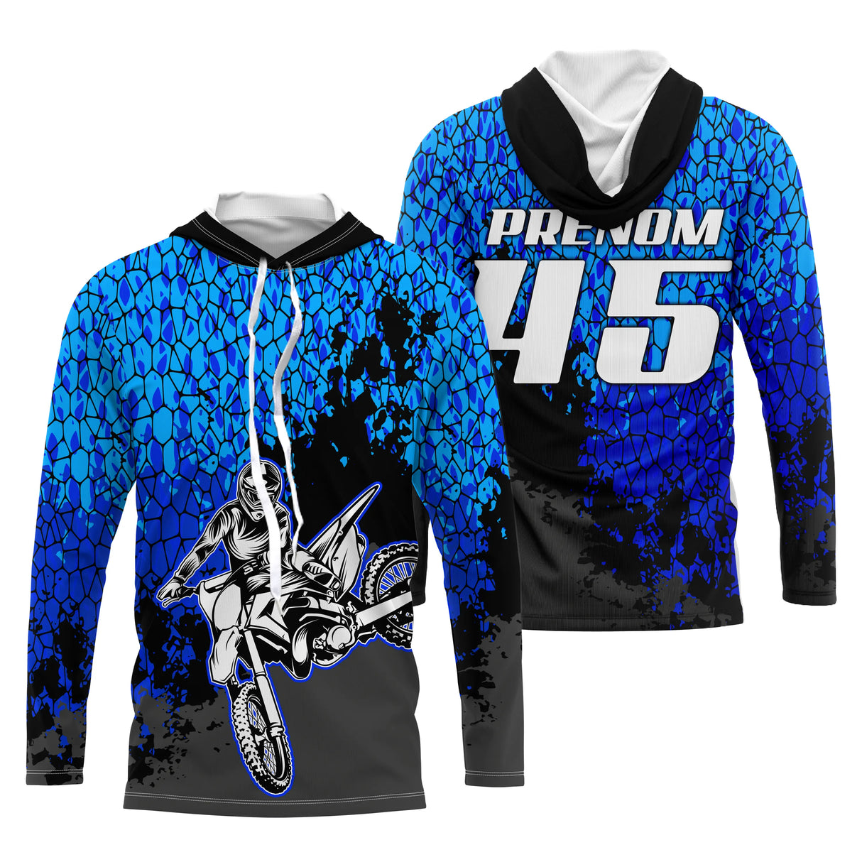 Anti-UV à capuche motocross bleu vif noir, design dirt bike personnalisé pour compétiteur