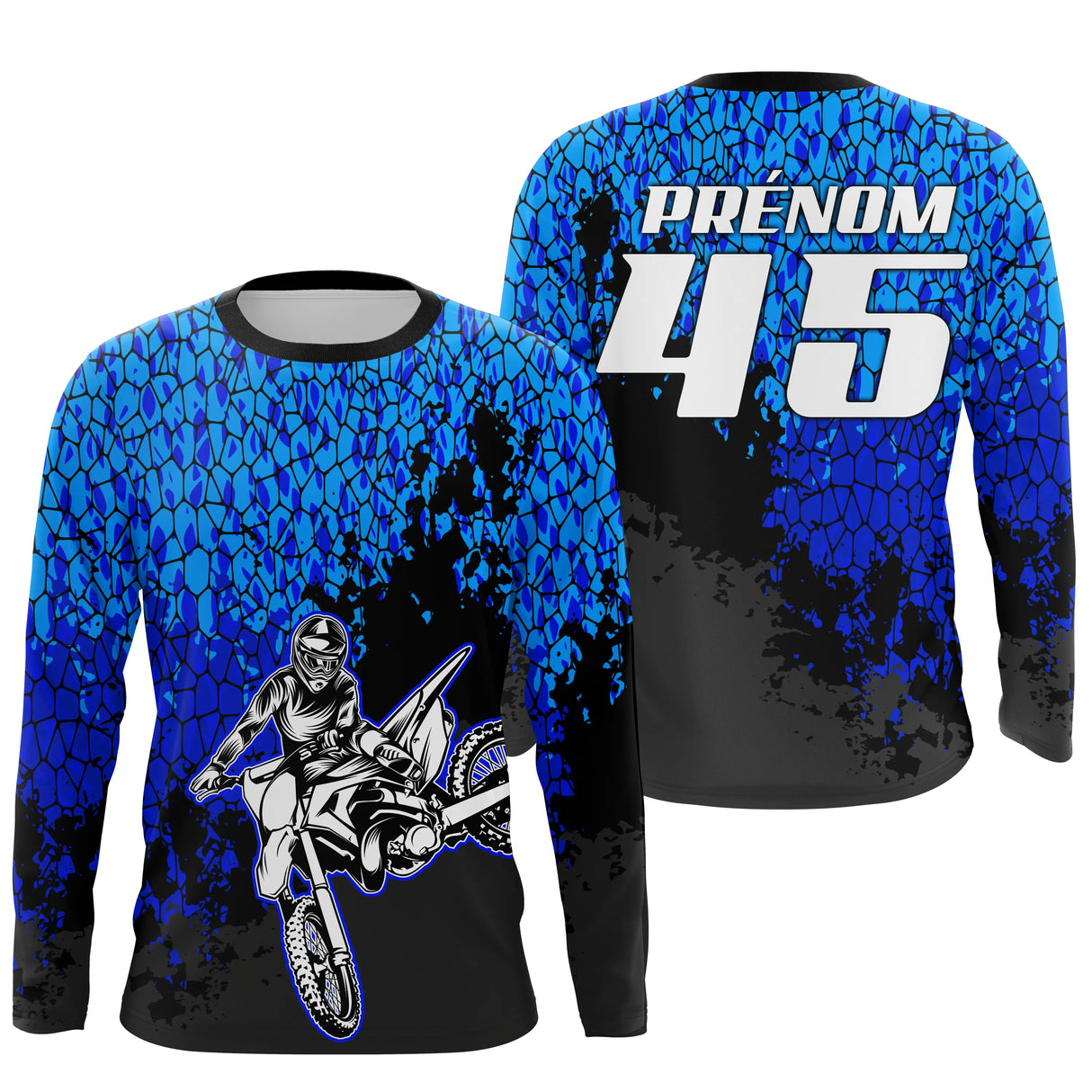 Anti-UV manches longues motocross bleu fragments, tenue piste UV extrême avec prénom et numéro