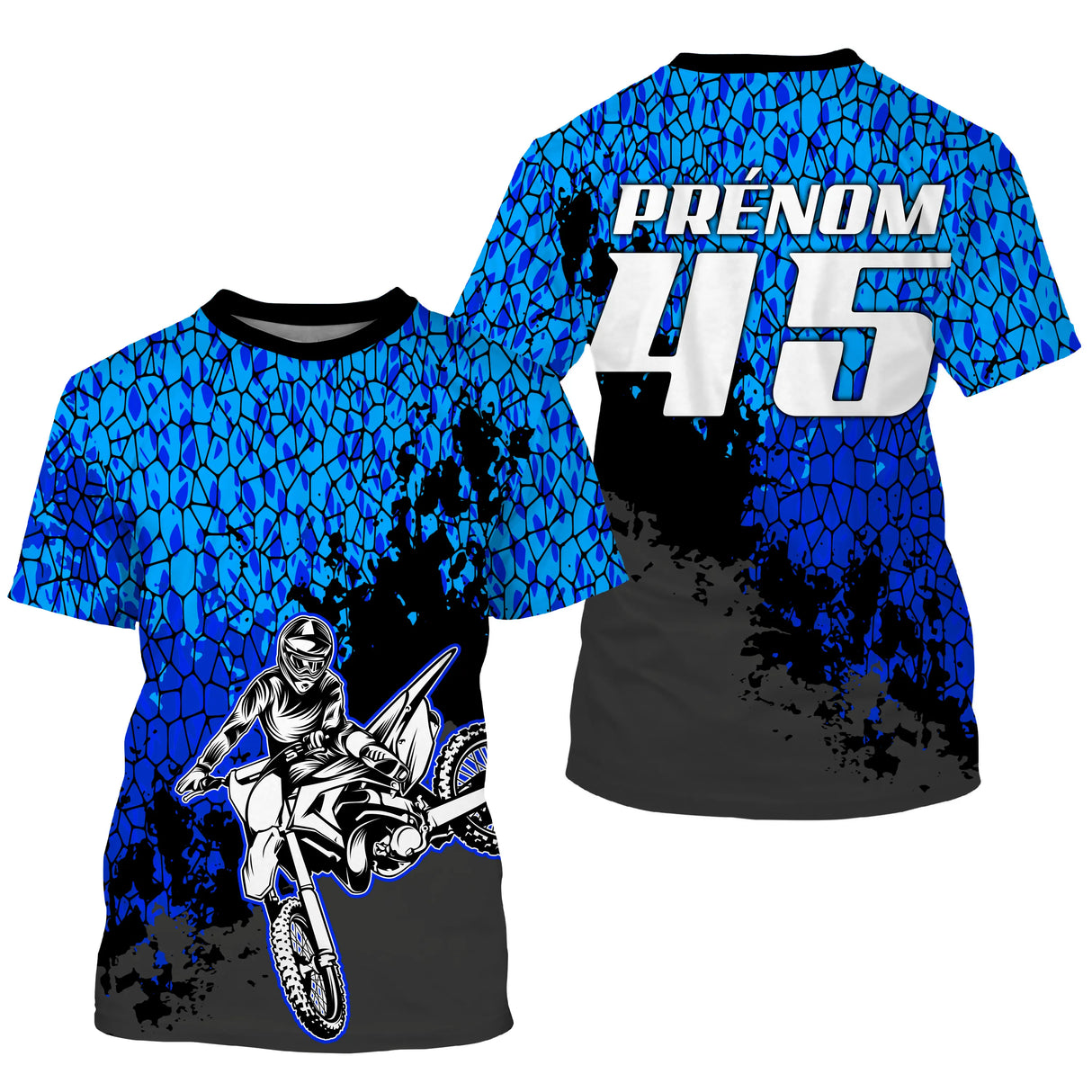 Maillot motocross bleu vif fragments avec motard en course et prénom numéro 45 imprimés, design dynamique