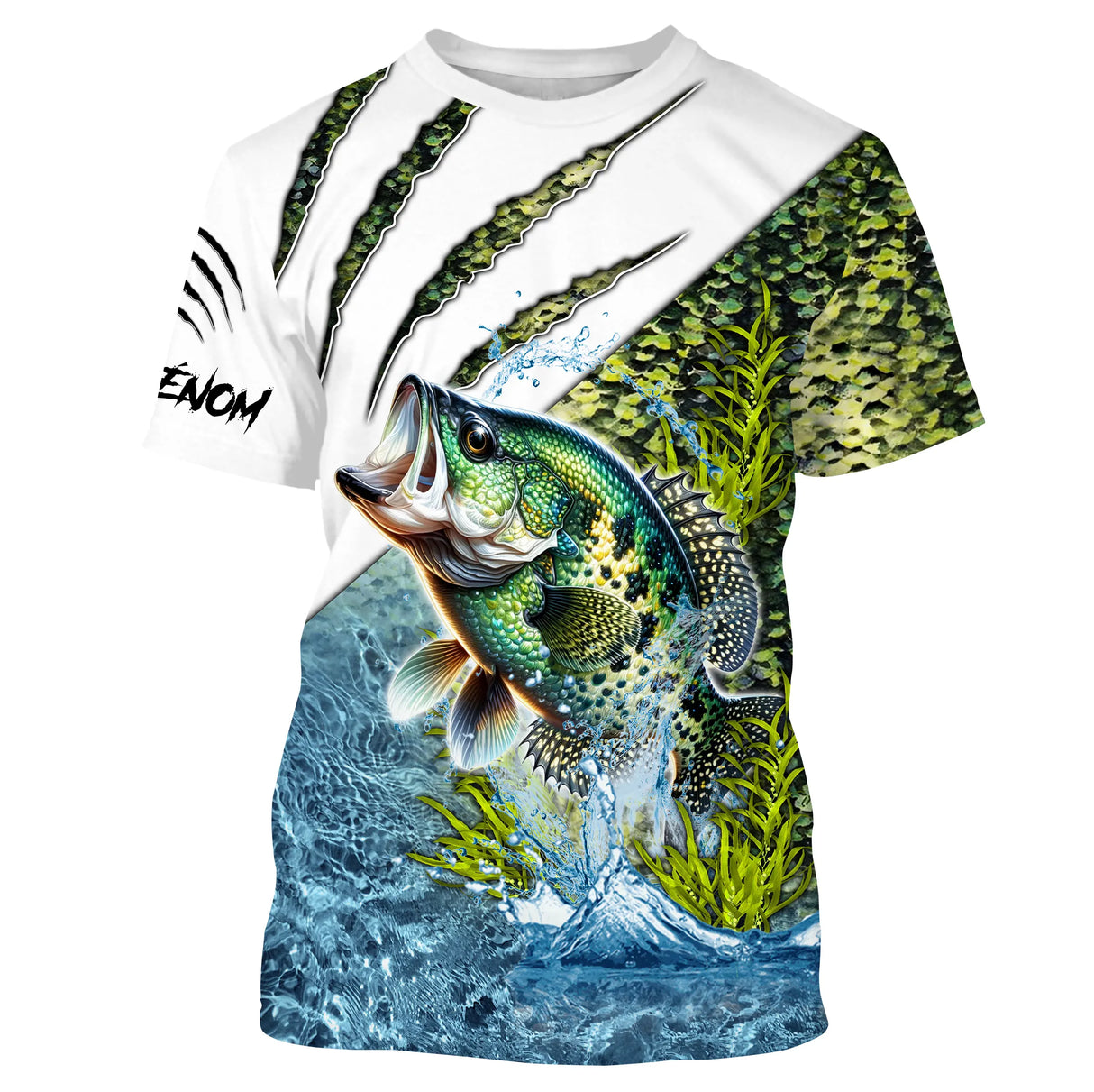 T-shirt anti-UV pêche crapet blanc avec sunfish sautant et écailles vertes, prénom imprimé sur manche