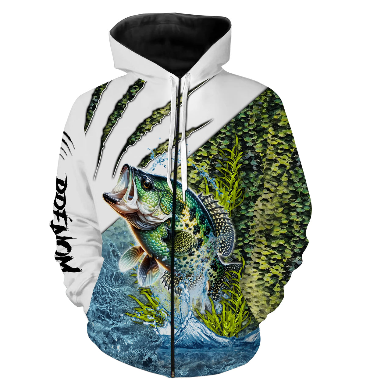 Anti-UV à capuche pêche crapet protection solaire, motif sunfish et prénom pour pêcheur panfish