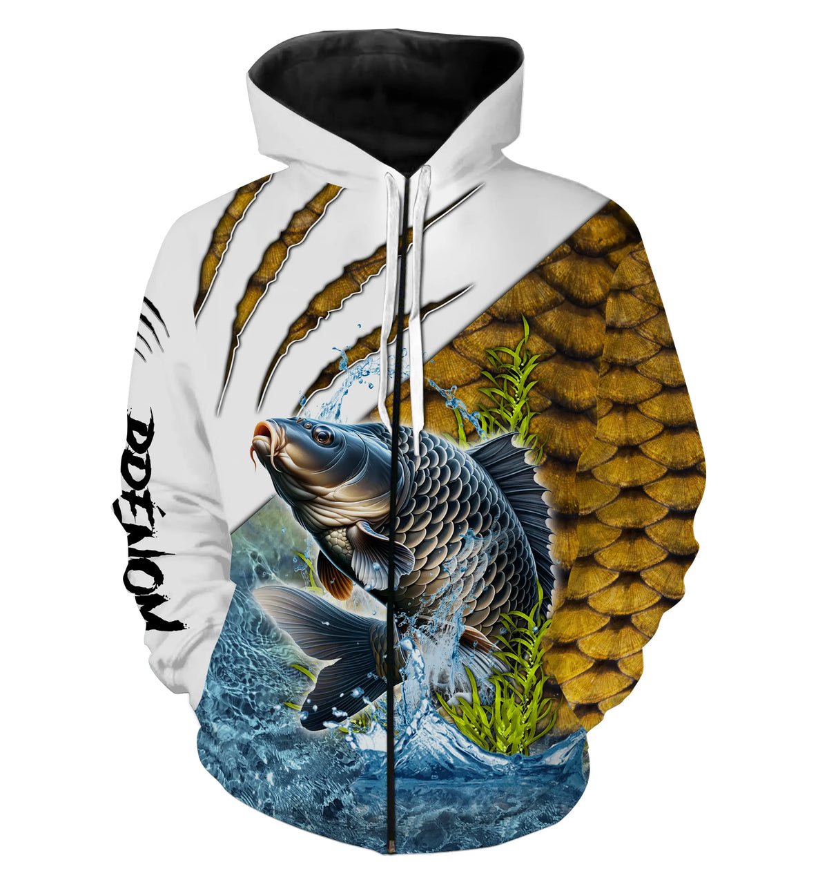 Anti-UV à capuche pêche carpe protection solaire, motif écailles et prénom pour carpiste