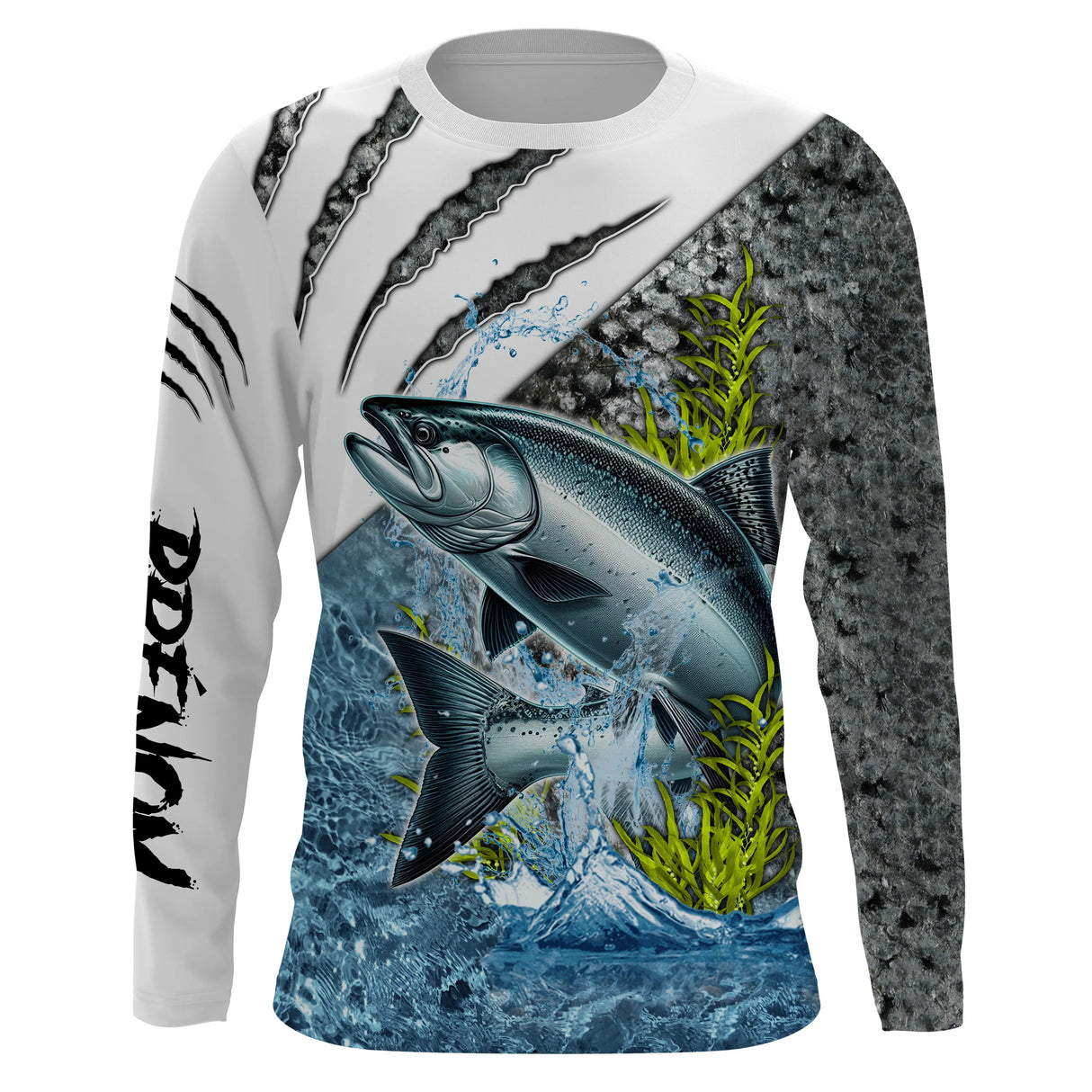 T-shirt manches longues pêche saumon argenté eau, design halieutique personnalisable au prénom