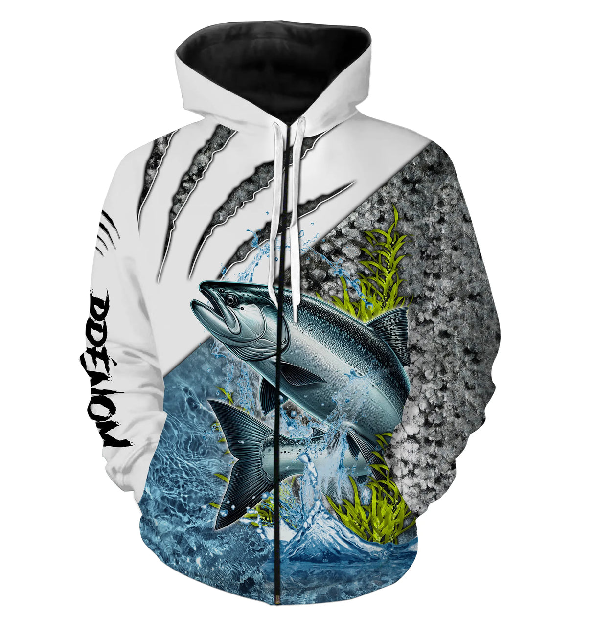 Anti-UV à capuche pêche saumon protection solaire, motif salmonidés et prénom pour moucheur