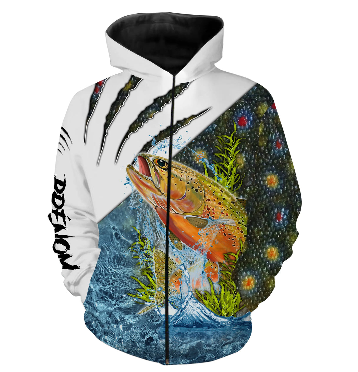 Anti-UV à capuche pêche truite protection solaire, motif salmonidés et prénom pour pêcheur torrent