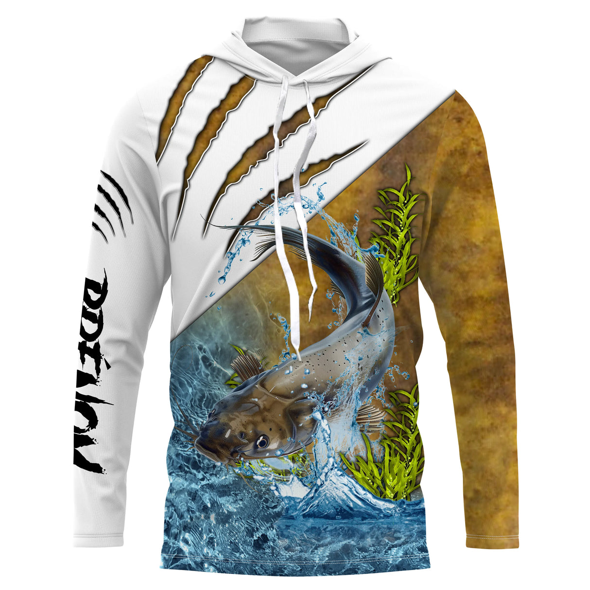 Sweat anti-UV pêche silure blanc marron avec silure géant sautant hors de l'eau, prénom imprimé manche