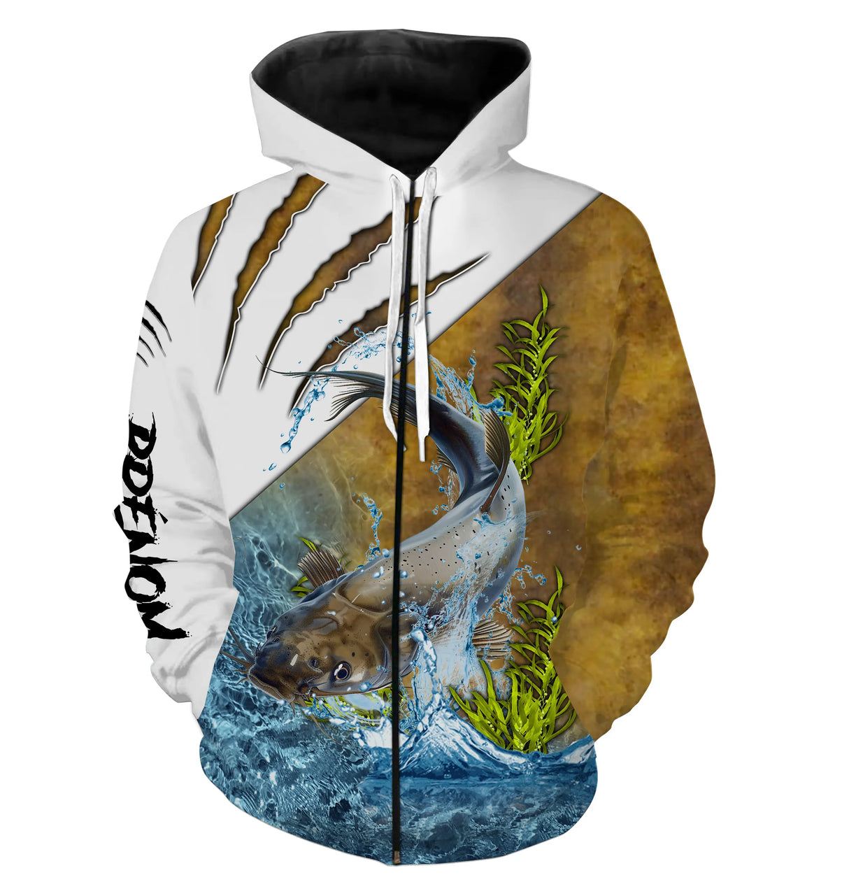 Anti-UV à capuche pêche silure protection solaire, motif carnassier géant et prénom pour pêcheur