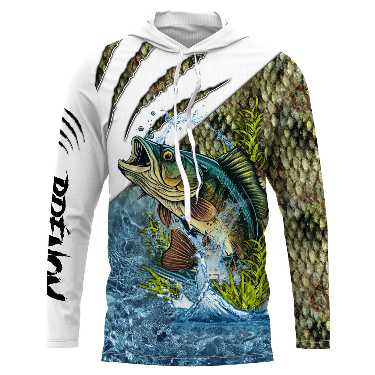 Sweat à capuche pêche bar avec écailles argent et eau bleue, marquage prénom pour pêcheur loup