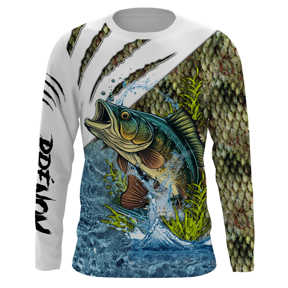 T-shirt manches longues pêche bar argenté eau, design halieutique personnalisable au prénom