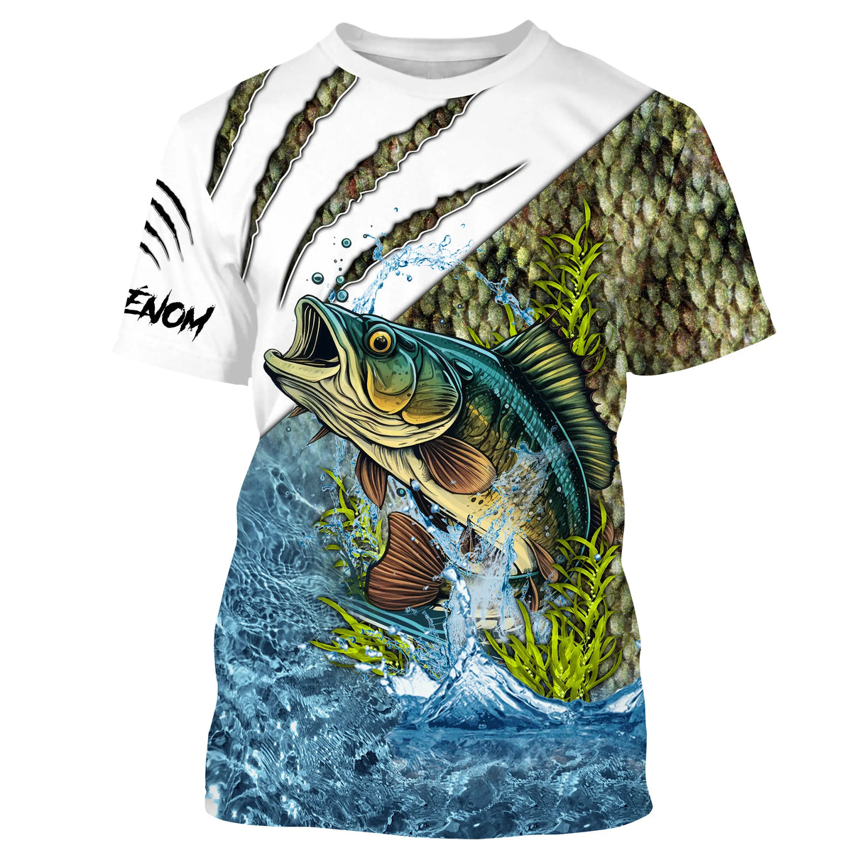 T-shirt anti-UV pêche bar blanc avec bar loup de mer sautant et écailles vertes argentées, prénom imprimé