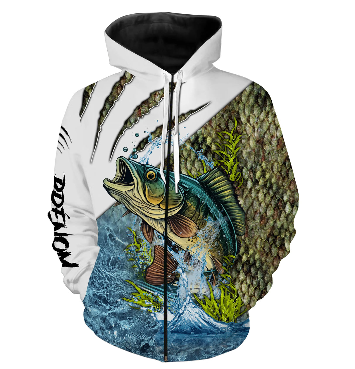 Anti-UV à capuche pêche bar protection solaire, motif loup mer et prénom pour pêcheur surfcasting