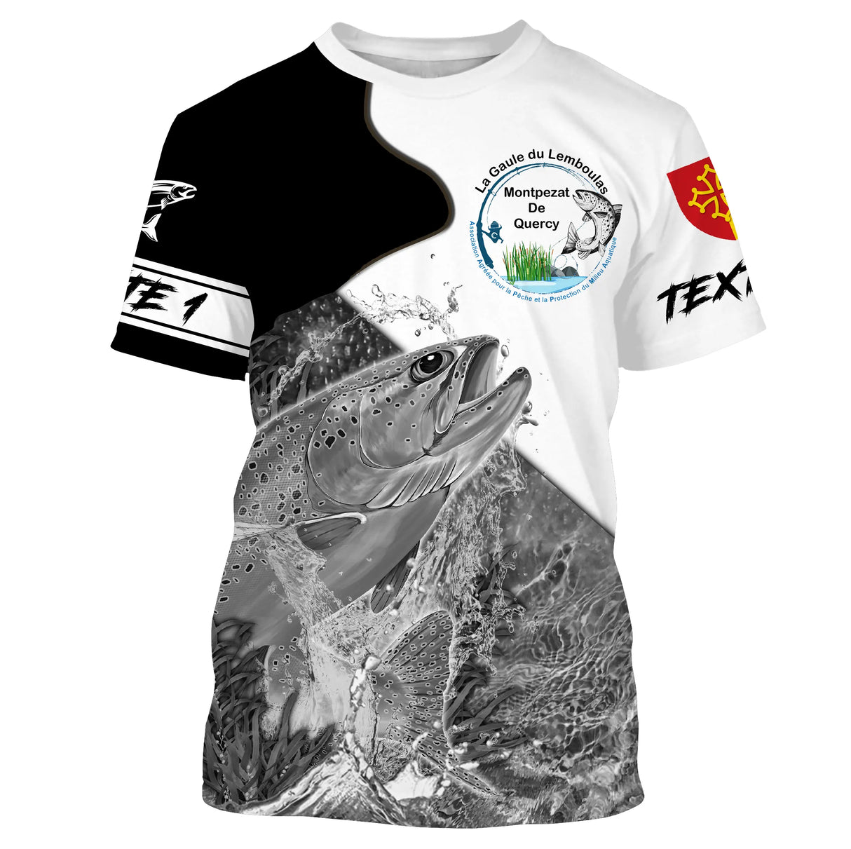 T-shirt pêche truite vue zoom motif, illustration détaillée truite arc-en-ciel éclaboussures aquatiques