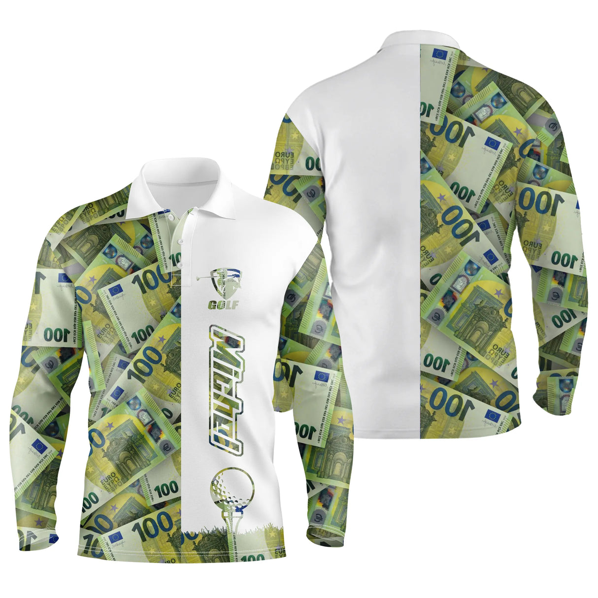 Polo manches longues golf unisexe vert prairie billets euros all-over bande blanche prénom tissu respirant