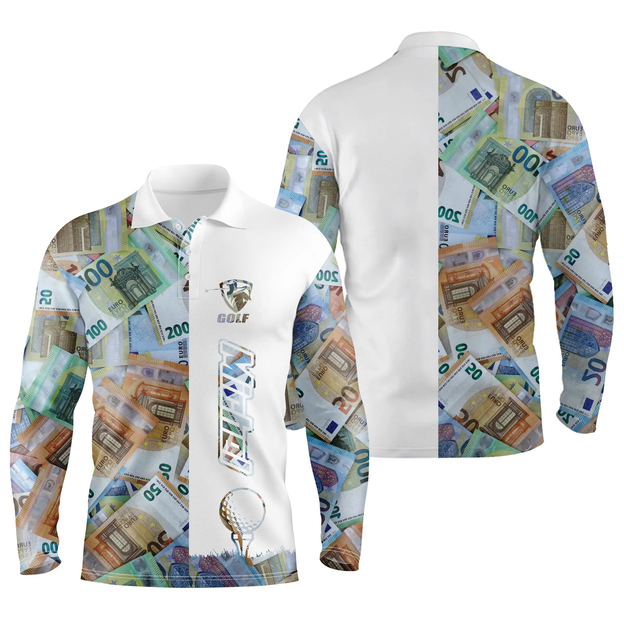 Polo manches longues golf unisexe turquoise billets euros all-over bande blanche prénom tissu respirant