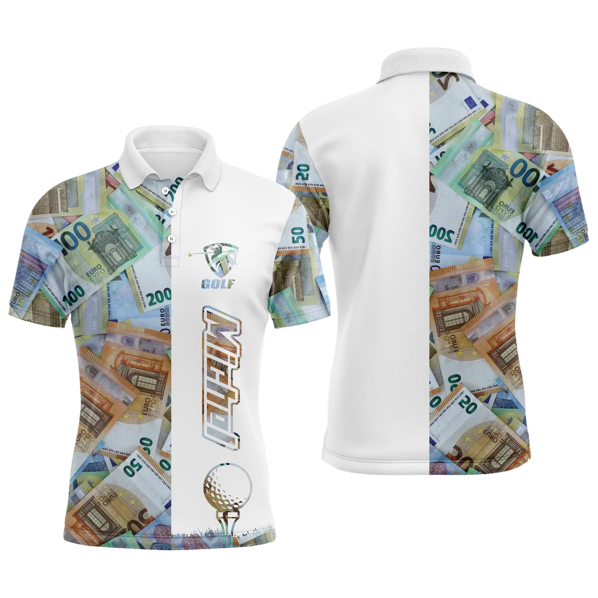 Polo golf homme turquoise billets euros all-over bande blanche centrale médaillon prénom personnalisé balle de golf