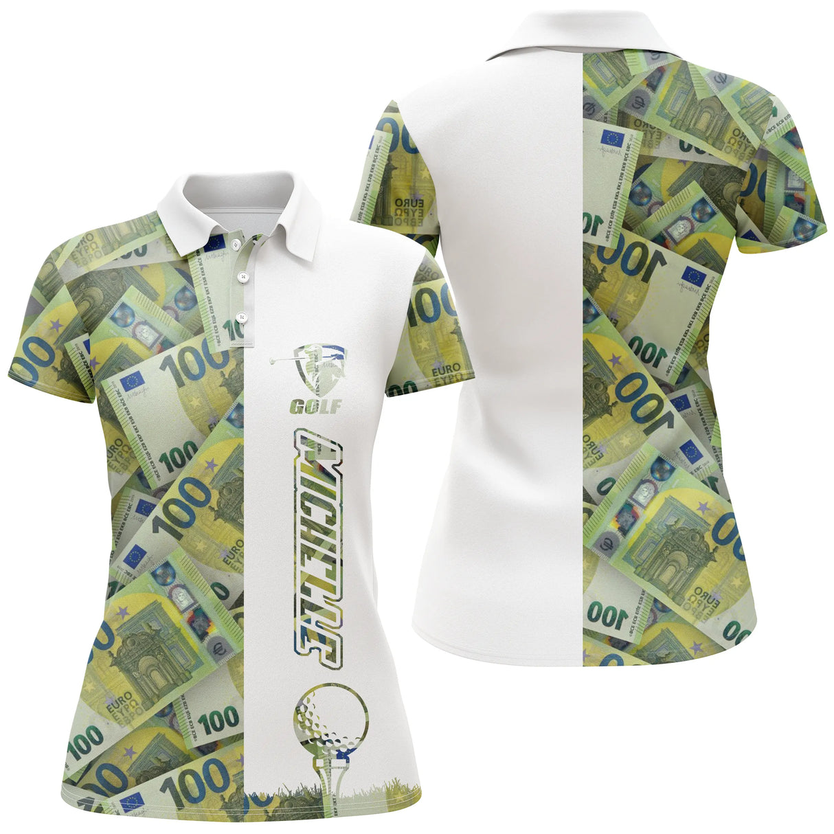 Polo golf femme vert prairie billets euros all-over bande blanche centrale médaillon prénom coupe cintrée