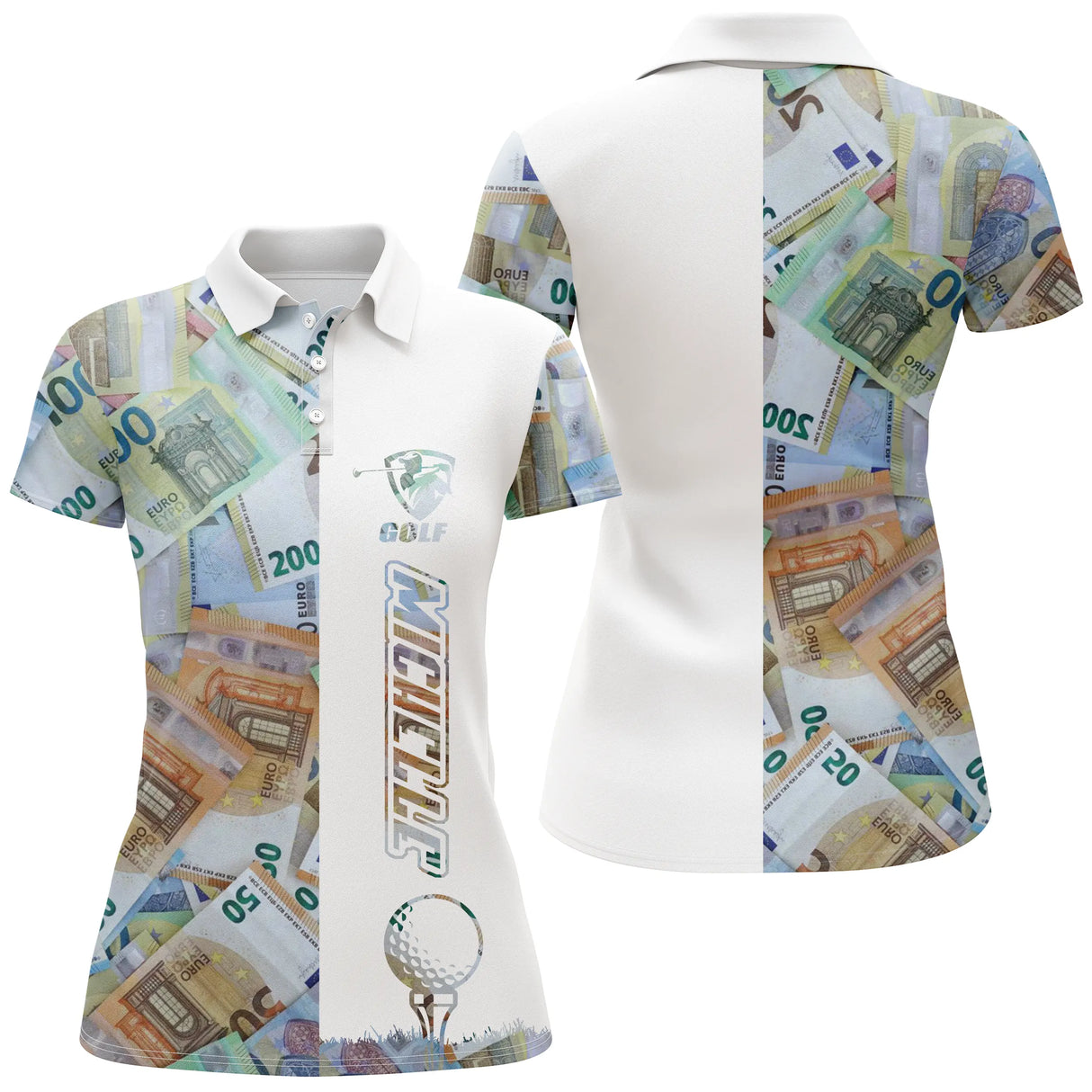 Polo golf femme turquoise billets euros all-over bande blanche centrale médaillon prénom coupe cintrée