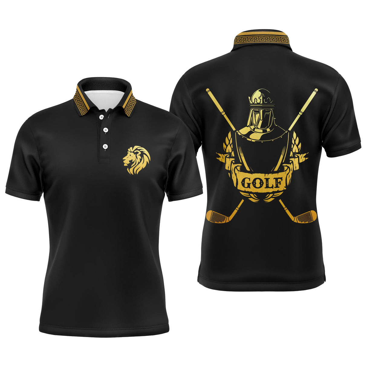 Polo golf homme noir intense médaillon central guerrier roi armure dorée clubs croisés or inscription GOLF graphique