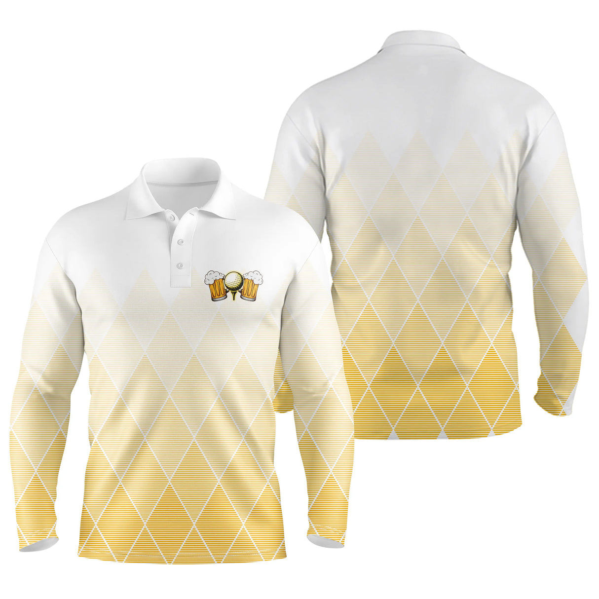 Polo manches longues golf unisexe blanc dégradé argyle jaune moutarde chopes bière poitrine tissu respirant