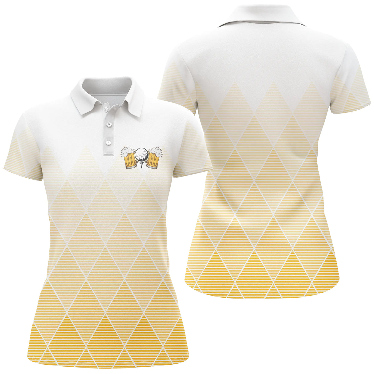 Polo golf femme blanc dégradé argyle jaune moutarde chopes bière graphiques poitrine coupe cintrée tissu respirant