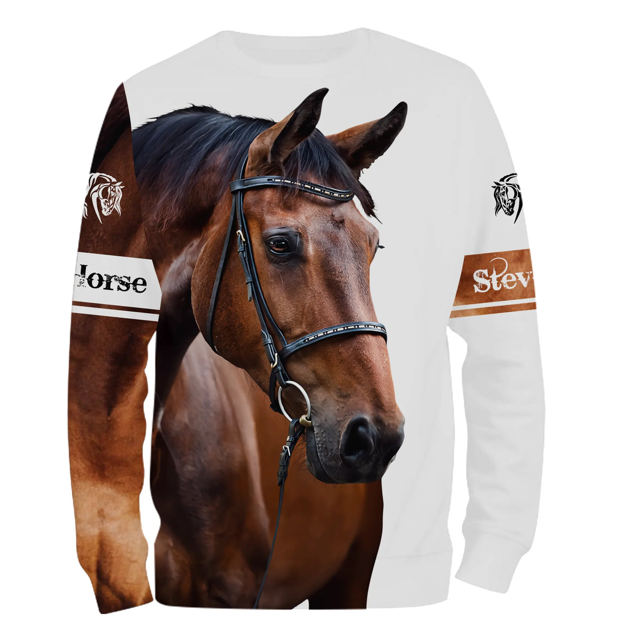 Sweat zippé all-over cheval passion blanc avec portrait cheval brun bai écussons