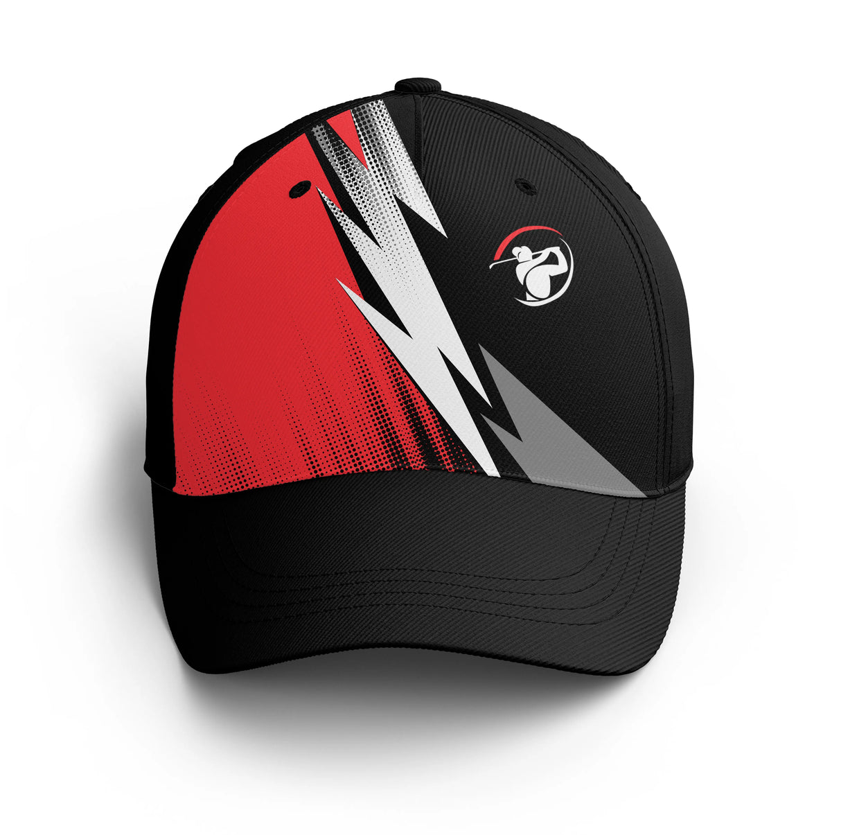 Casquette golf design dynamique rouge blanc noir éclats unisexe parcours sportive