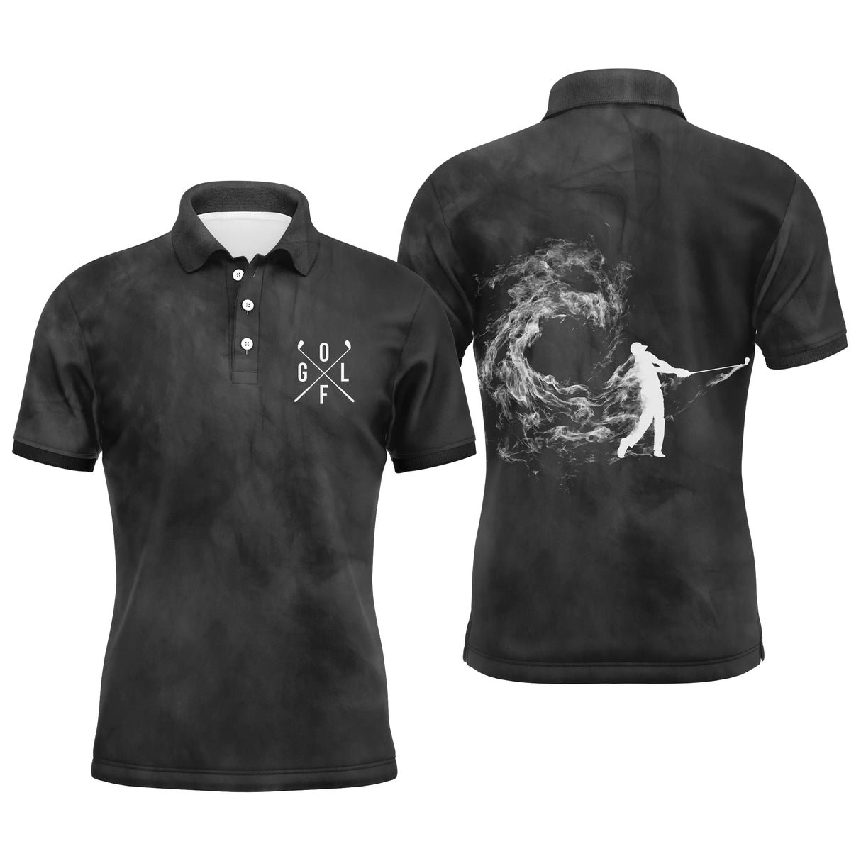 Polo golf homme premium noir intense effet fumée blanche brumeuse mouvement silhouette golfeur swing clubs croisés médaillon