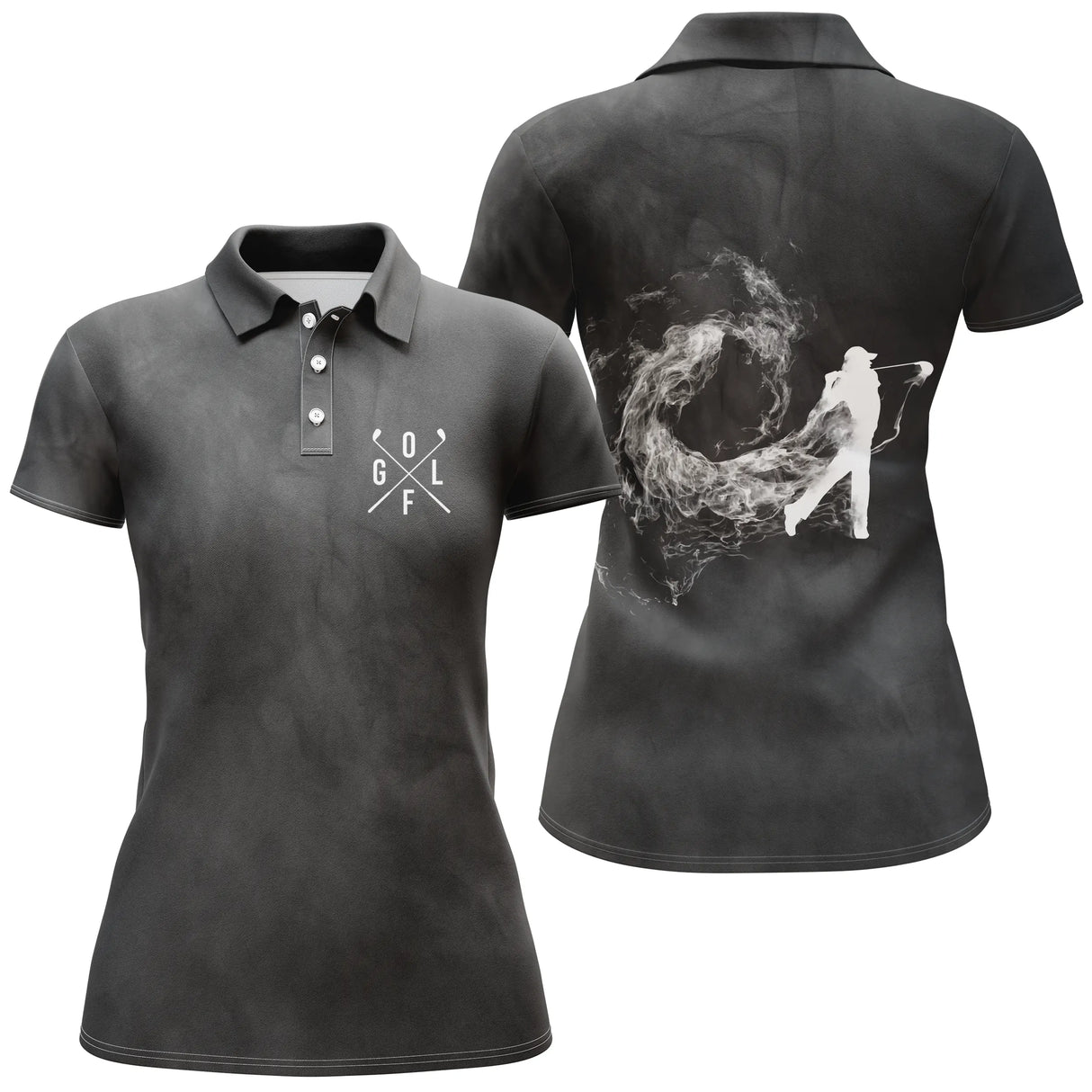 Polo golf femme premium noir effet fumée blanche silhouette golfeur swing clubs croisés coupe cintrée tissu respirant