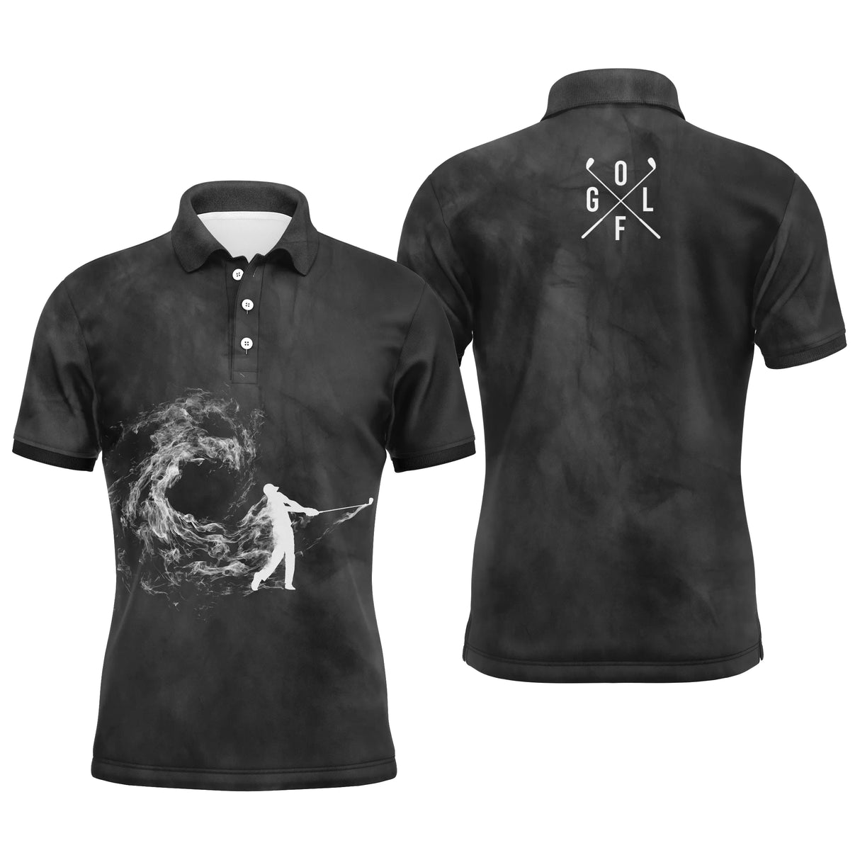Polo golf homme noir tourbillon fumée blanche silhouette golfeur swing tire balle inscription GOLF verticale