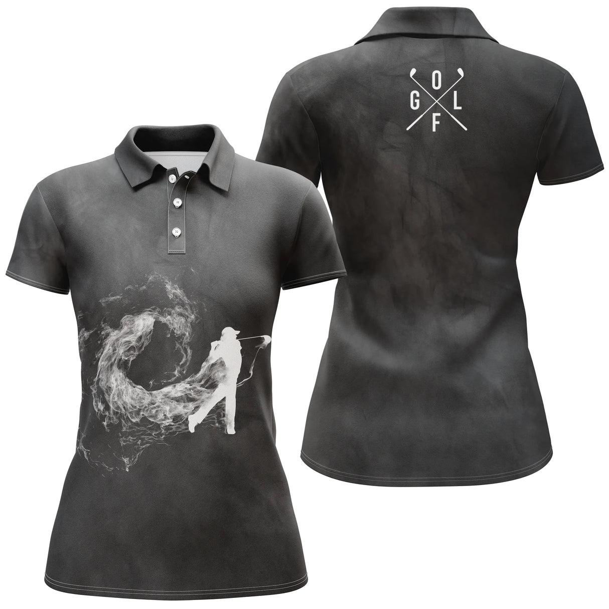 Polo golf femme noir tourbillon fumée blanche silhouette golfeur swing tire balle inscription GOLF coupe cintrée