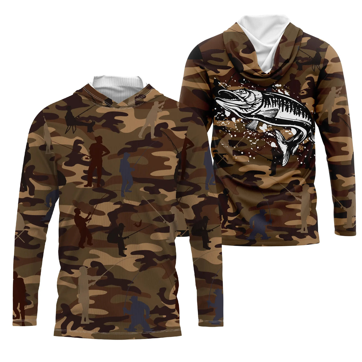 T-shirt anti-UV pêche unisexe camouflage forêt marron beige brochet dévorant leurre devant silhouettes pêcheurs all-over