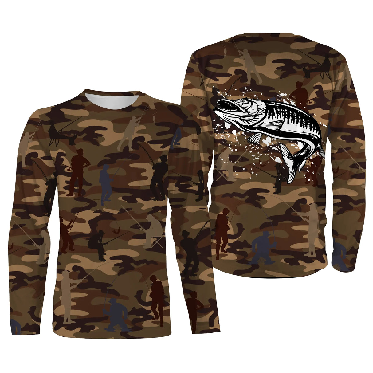T-shirt pêche enfant manches longues camouflage marron brochet silhouettes pêcheurs prénom