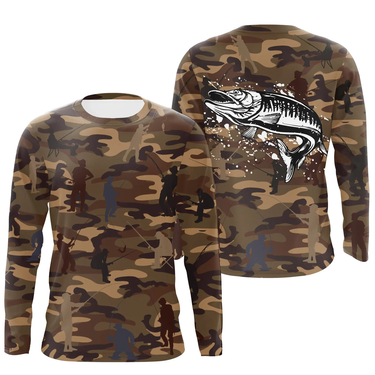 Anti-UV t-shirt à capuche pêche camouflage marron brochet carnassier silhouettes pêcheurs prénom personnalisé