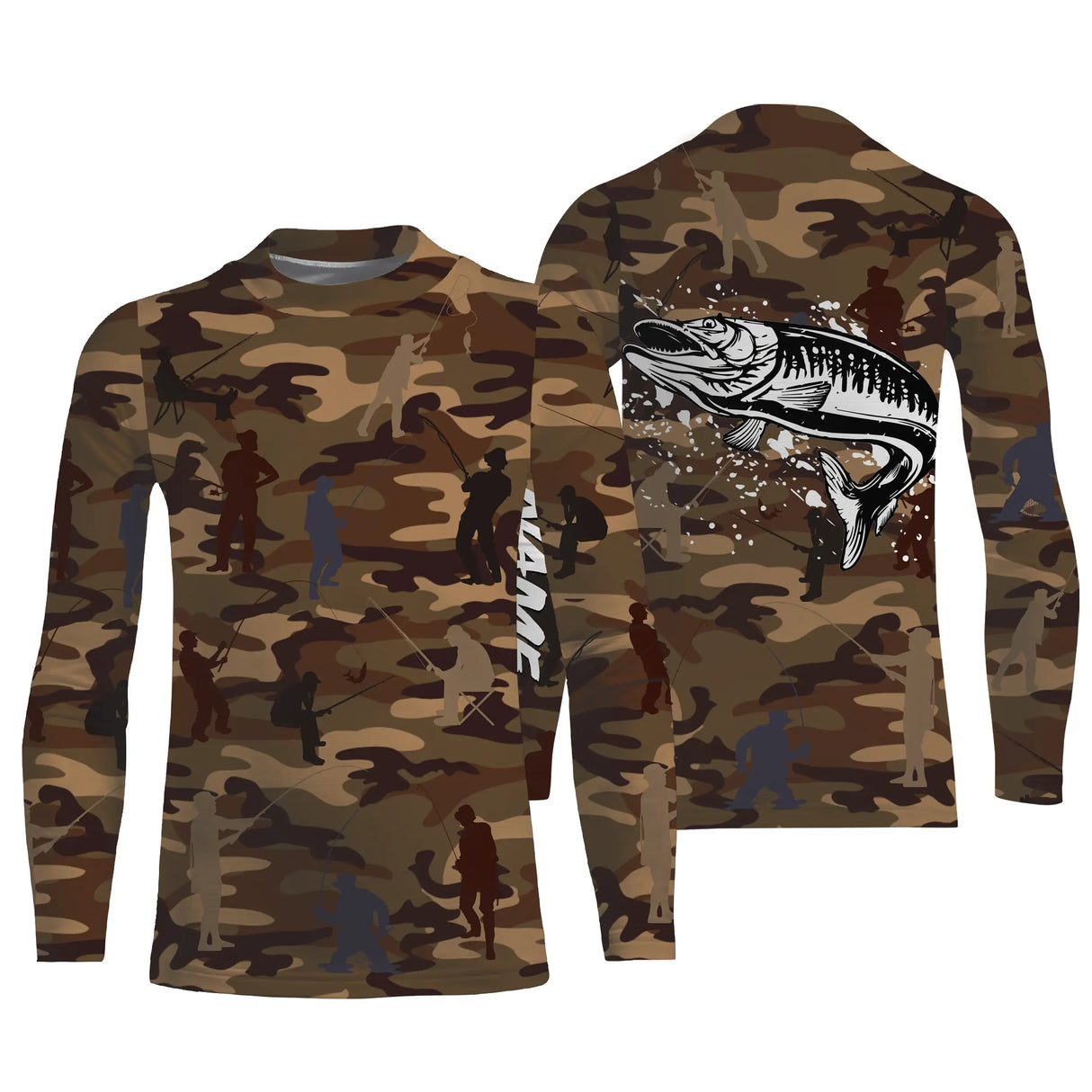 Débardeur pêche unisexe camouflage marron brochet carnassier silhouettes pêcheurs prénom personnalisé