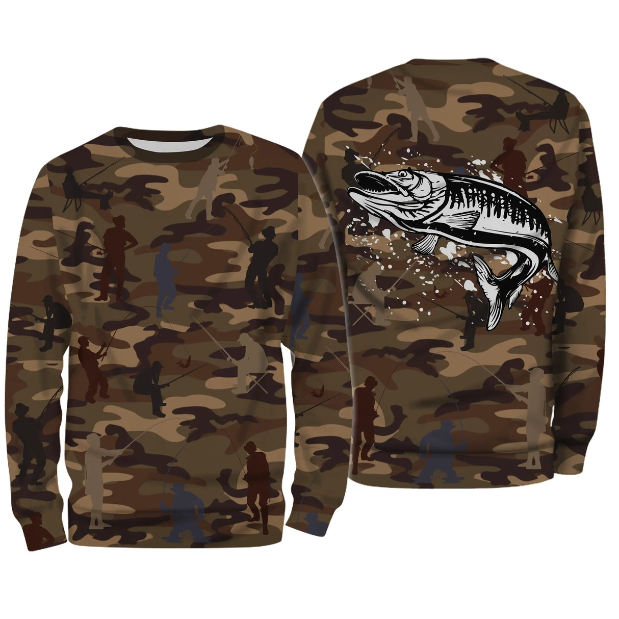 Sweat à capuche pêche camouflage marron brochet silhouettes pêcheurs prénom personnalisé