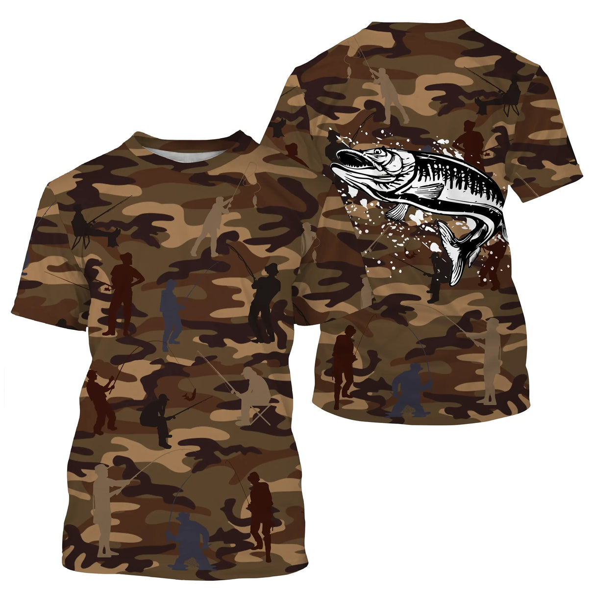 T-shirt pêche all-over col rond camouflage marron brochet carnassier silhouettes pêcheurs prénom personnalisé