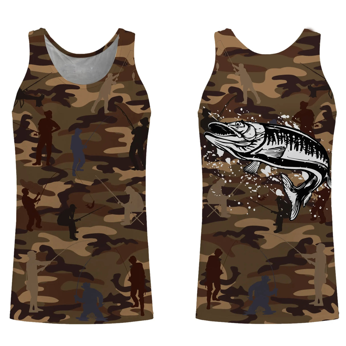 Sweater pêche unisexe camouflage marron brochet silhouettes pêcheurs prénom personnalisé tissu doux