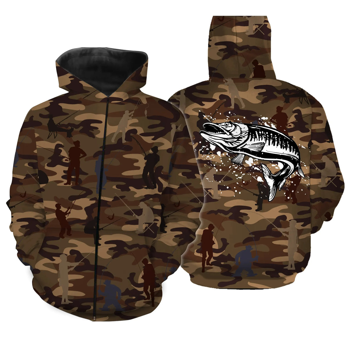 T-shirt pêche unisexe manches longues camouflage marron brochet silhouettes pêcheurs prénom personnalisé