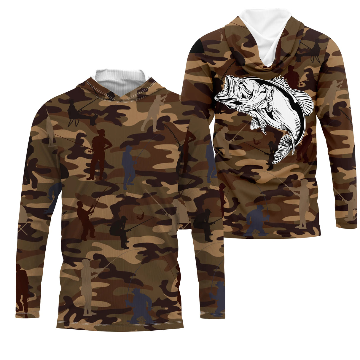 Anti-UV t-shirt à capuche pêche unisexe camouflage marron beige bar bondissant silhouettes pêcheurs all-over