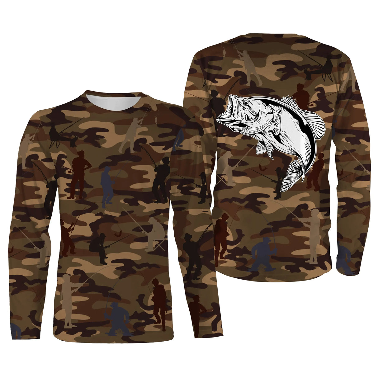 T-shirt pêche enfant manches longues camouflage marron bar bondissant silhouettes pêcheurs