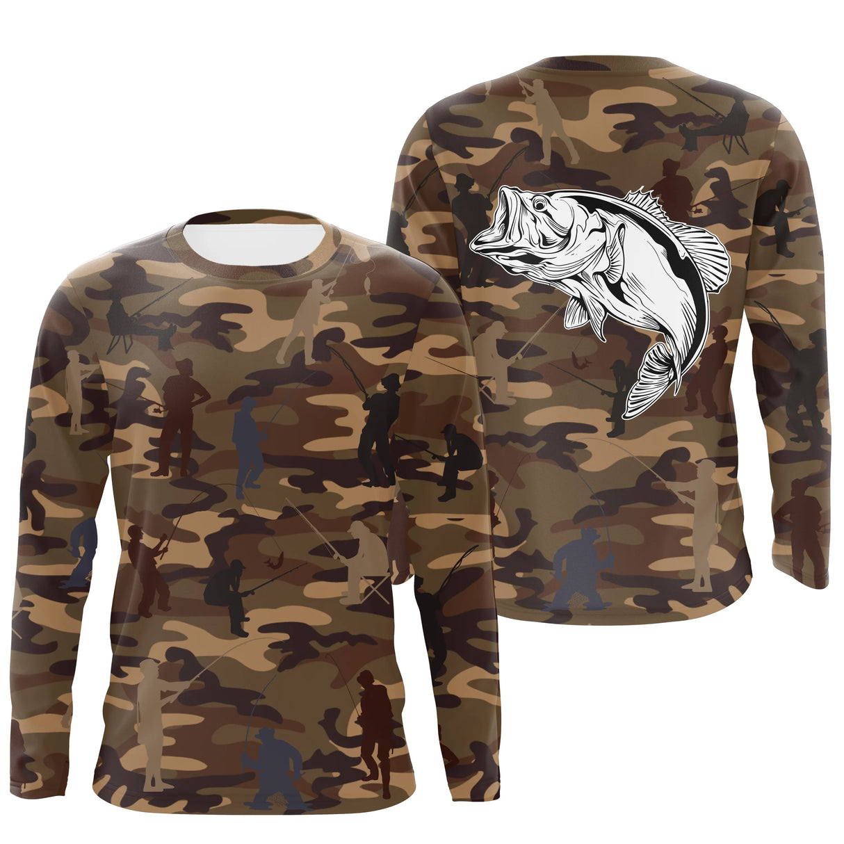 Anti-UV t-shirt manches longues pêche camouflage marron bar carnassier silhouettes pêcheurs
