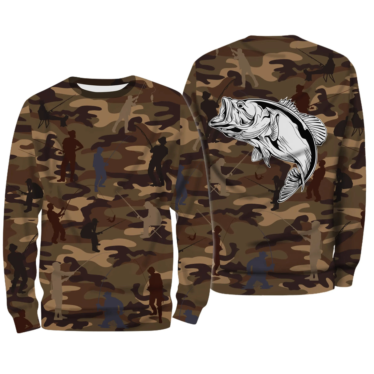 Sweat à capuche pêche camouflage marron bar bondissant silhouettes pêcheurs marin