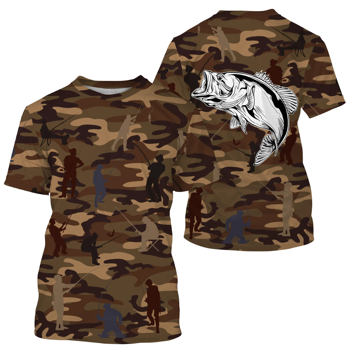 T-shirt pêche all-over col rond camouflage marron bar bondissant silhouettes pêcheurs marin