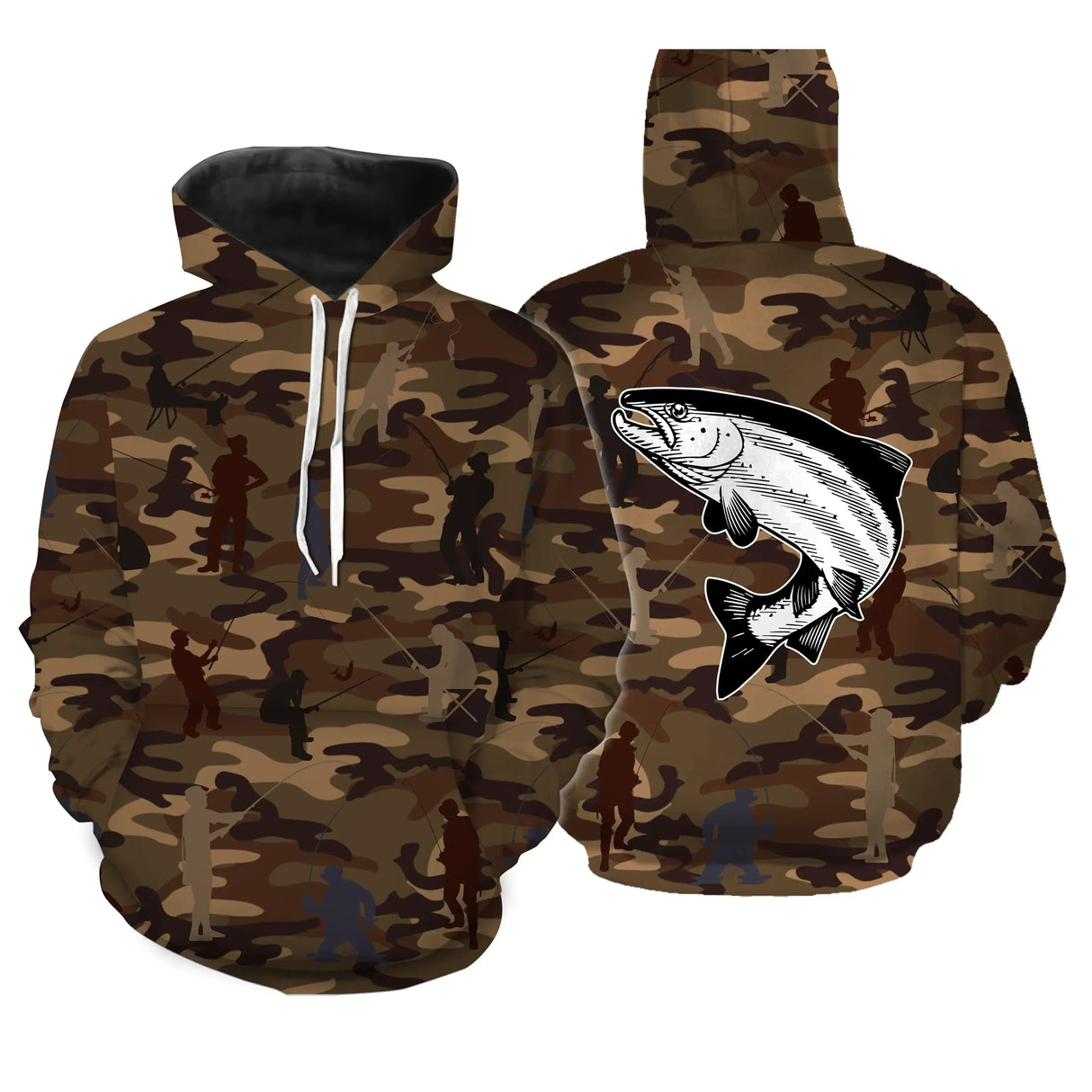 Sweat capuche zippé pêche camouflage marron saumon bondissant silhouettes pêcheurs